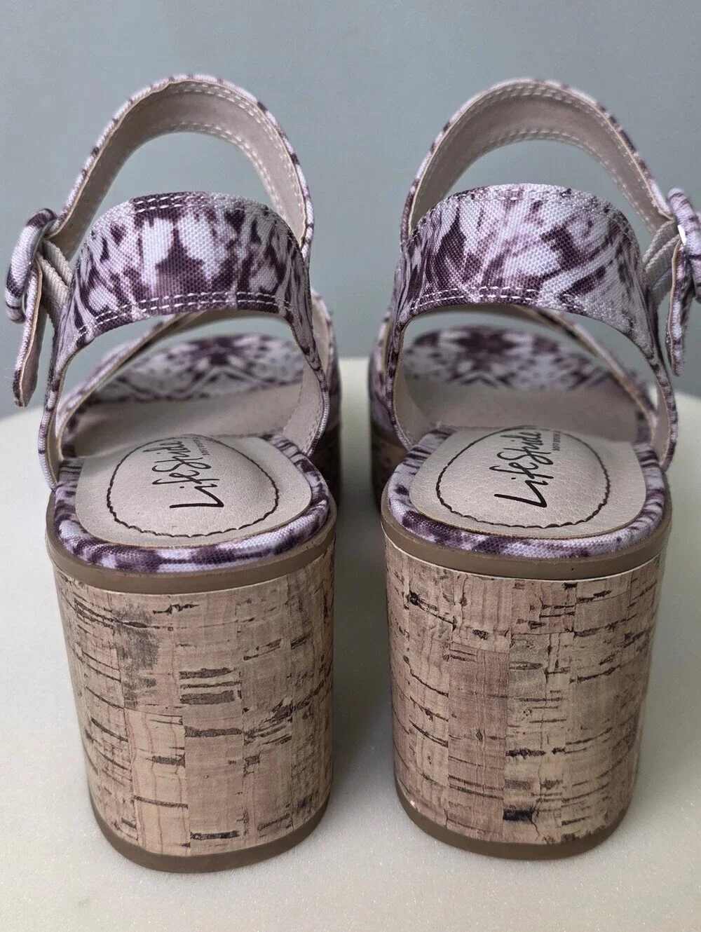 LifeStride Neutral Platform Sandals Cork Block Heel Purple Shibori 7.5M NEW!!